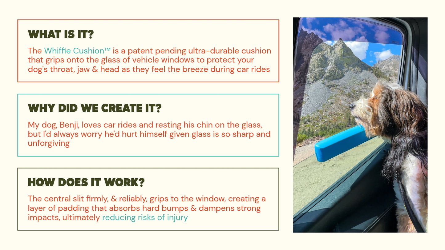 The Whiffie Cushion™ — Patent-Pending Car Window Chin Rest For Dogs